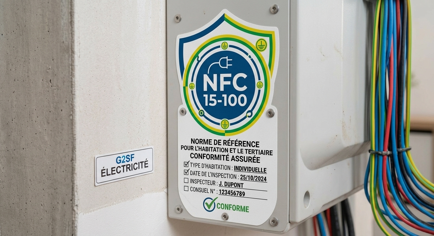 Étiquette de conformité NFC 15-100 apposée par G2SF sur un tableau électrique